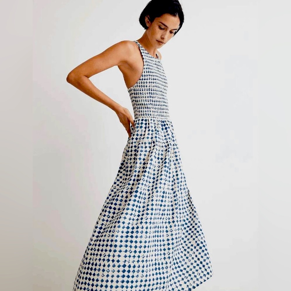 Madewell Halter Tiered Midi Dress in Shibori Print Blue Size Large NWT